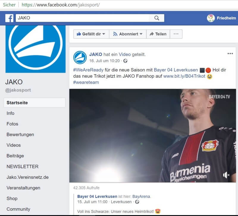 Video-Post von JAKO: neues Trikot von Bayer 04 Leverkusen