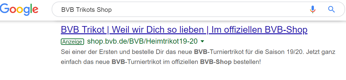 Google Suchergebnis zeigt Google Ad von Borussia Dortmund