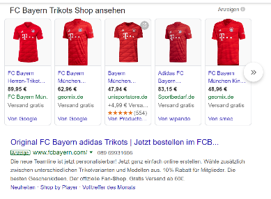Google Shopping Anzeige des FC Bayern München