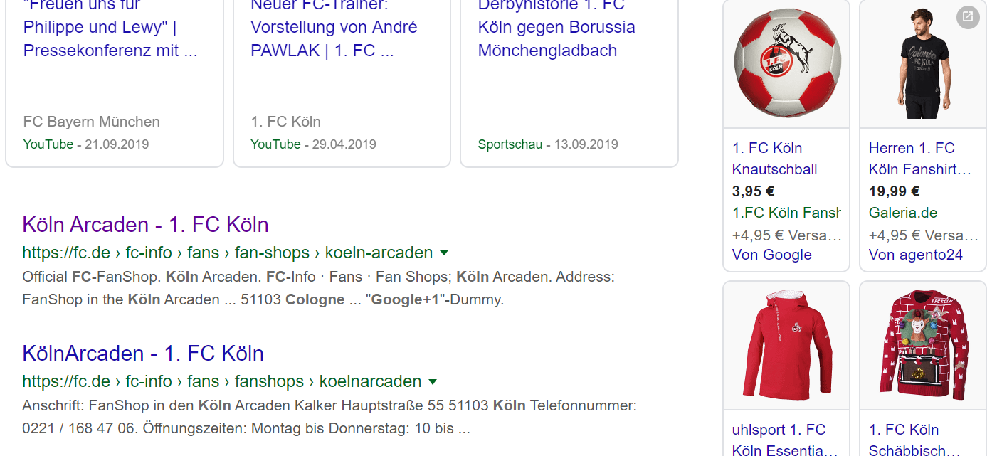 Screenshot Suchergebnis Google Shopping beim 1. FC Köln 