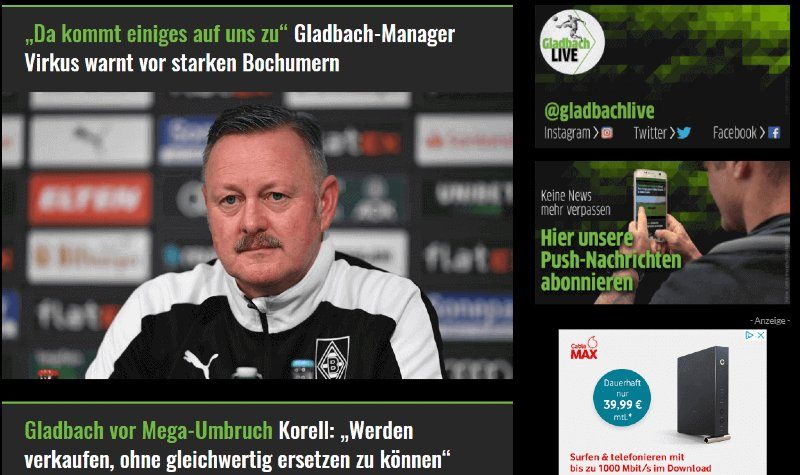 Ein screenshot der Website gladbachlive.de.