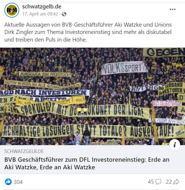 Screenshot eines Facebook-Beitrages von schwatzgelb.de.